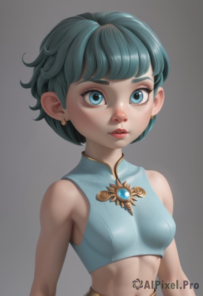 1girl,solo,breasts,looking at viewer,short hair,bangs,blue eyes,simple background,shirt,navel,bare shoulders,jewelry,closed mouth,blue hair,upper body,earrings,small breasts,green hair,sleeveless,midriff,grey background,stomach,lips,crop top,eyelashes,sleeveless shirt,aqua hair,makeup,blue shirt,lipstick,brooch,gem,freckles,nose,red lips