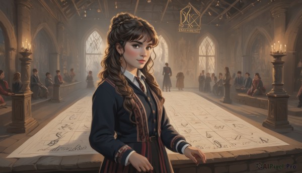 1girl,long hair,looking at viewer,blush,smile,bangs,multiple girls,skirt,brown hair,shirt,black hair,long sleeves,dress,brown eyes,jewelry,sitting,closed mouth,school uniform,standing,jacket,white shirt,braid,earrings,multiple boys,necktie,solo focus,day,striped,collared shirt,belt,artist name,indoors,hair bun,twin braids,lips,coat,black jacket,window,chair,table,sunlight,hair over shoulder,black necktie,backlighting,freckles,6+boys,curly hair,black coat,robe,paper,stairs,nose,candle,magic circle,pillar,striped skirt,hogwarts school uniform,6+girls,watermark,web address,statue,arch,candlestand,black robe,chandelier,column