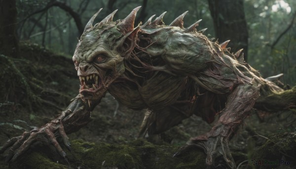 solo,open mouth,red eyes,outdoors,horns,teeth,signature,blurry,tree,no humans,depth of field,fangs,grass,sharp teeth,nature,claws,spikes,forest,monster,dinosaur,looking at viewer,day,tongue,colored skin,realistic,fantasy,green skin,moss