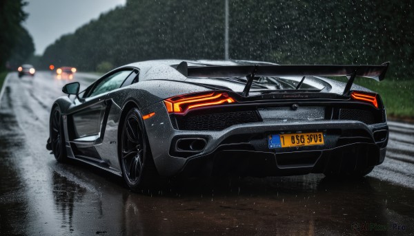 The beauty of a motor vehicle set in a calm rainy outdoors