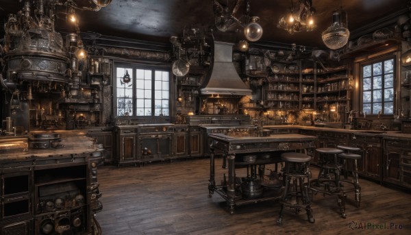 day,indoors,book,no humans,window,chair,table,sunlight,scenery,desk,wooden floor,clock,bookshelf,lamp,stool,shelf,gears,ceiling,light bulb,barrel,candlestand,ceiling light,chandelier,globe,steampunk,loaded interior,cloud,cup,fantasy,candle,cabinet,wooden chair