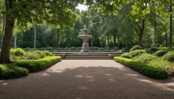 outdoors,day,tree,no humans,shadow,sunlight,grass,plant,nature,scenery,forest,stairs,road,bush,dappled sunlight,path,stone lantern,lamppost,street,park