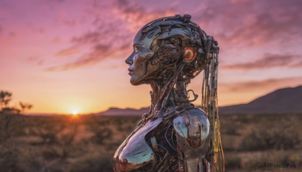 1girl, solo, breasts, upper body, outdoors, sky, cloud, from side, no humans, robot, science fiction, sunset, android, cable, humanoid robot