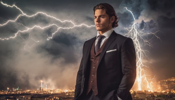 solo,brown hair,shirt,1boy,jacket,white shirt,upper body,male focus,outdoors,necktie,sky,collared shirt,cloud,vest,black jacket,night,facial hair,formal,cloudy sky,suit,building,black necktie,city,realistic,hands in pockets,stubble,electricity,cityscape,brown vest,lightning,city lights,black hair,brown eyes,scenery,looking afar