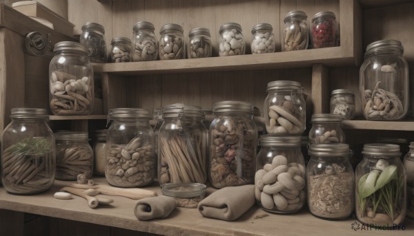 food,indoors,no humans,bottle,plant,mushroom,egg,shelf,jar,still life,coin