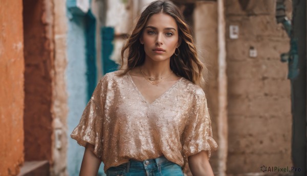 1girl,solo,long hair,looking at viewer,brown hair,shirt,black hair,brown eyes,jewelry,closed mouth,collarbone,white shirt,upper body,short sleeves,earrings,outdoors,day,pants,necklace,blurry,lips,dutch angle,depth of field,blurry background,expressionless,denim,blouse,forehead,jeans,hoop earrings,realistic,nose,door,arms at sides,blue pants,shirt tucked in,standing,parted lips,mole,wind,mole under mouth,photo background