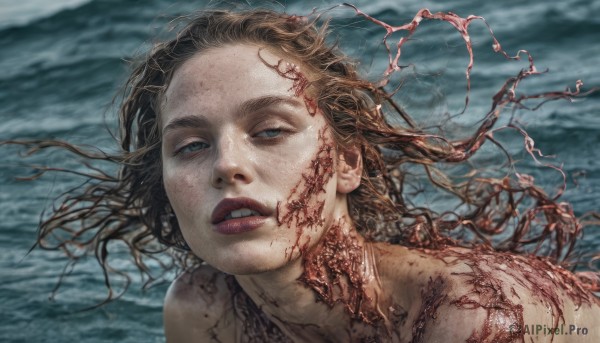 1girl,solo,long hair,looking at viewer,blue eyes,brown hair,nude,outdoors,parted lips,teeth,water,lips,blood,floating hair,ocean,messy hair,portrait,injury,realistic,guro,upper body,sky,cloud,blurry,cloudy sky,blood on face,lightning,grey sky