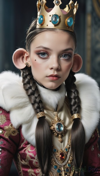 1girl,solo,long hair,looking at viewer,blue eyes,black hair,dress,animal ears,twintails,jewelry,closed mouth,upper body,braid,earrings,necklace,mole,blurry,twin braids,lips,grey eyes,fur trim,eyelashes,mole under eye,makeup,depth of field,blurry background,red dress,crown,lipstick,brooch,gem,hair over shoulder,forehead,pendant,freckles,realistic,mouse ears,red lips,blue gemstone,red gemstone,multiple braids,facial mark,fur collar