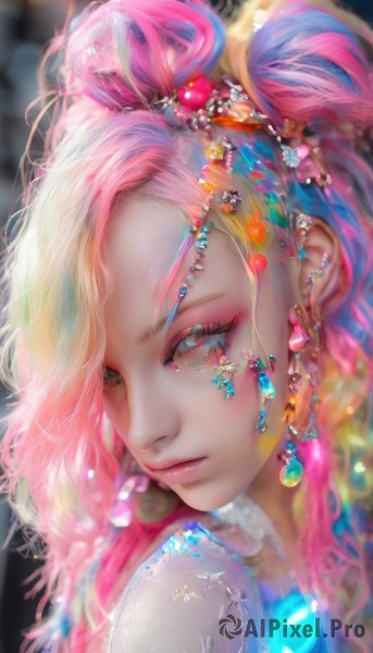 1girl,solo,long hair,looking at viewer,bangs,blonde hair,hair ornament,jewelry,closed mouth,closed eyes,upper body,pink hair,multicolored hair,earrings,artist name,necklace,blurry,lips,eyelashes,makeup,depth of field,blurry background,half-closed eyes,gem,portrait,close-up,eyeshadow,beads,pink lips,multicolored eyes,realistic,nose,eyeliner,colorful,mascara,pearl (gemstone),rainbow hair,feathers,hair beads