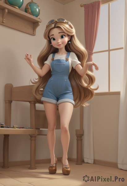 1girl,solo,long hair,looking at viewer,blush,smile,blue eyes,blonde hair,brown hair,shirt,jewelry,very long hair,closed mouth,standing,full body,white shirt,short sleeves,earrings,shoes,shorts,day,artist name,indoors,lips,hands up,bare legs,window,wavy hair,brown footwear,table,denim,curtains,goggles,t-shirt,goggles on head,wooden floor,overalls,overall shorts,collarbone,chair,sunglasses,eyewear on head,tinted eyewear,yellow-framed eyewear