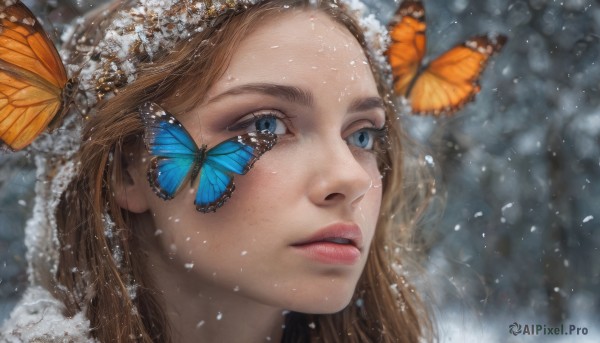 1girl, solo, long hair, blue eyes, blonde hair, parted lips, blurry, lips, bug, butterfly, portrait, snow, freckles, snowing, realistic, nose, winter, blue butterfly