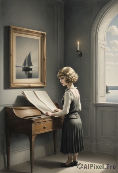 1girl,solo,short hair,bangs,skirt,blonde hair,shirt,long sleeves,dress,holding,standing,full body,white shirt,braid,sky,shoes,day,cloud,indoors,hair bun,black footwear,black dress,book,window,makeup,shadow,table,lipstick,instrument,curly hair,paper,music,red lips,candle,picture frame,painting (object),piano,picture (object),candlestand,blue eyes,jewelry,necklace