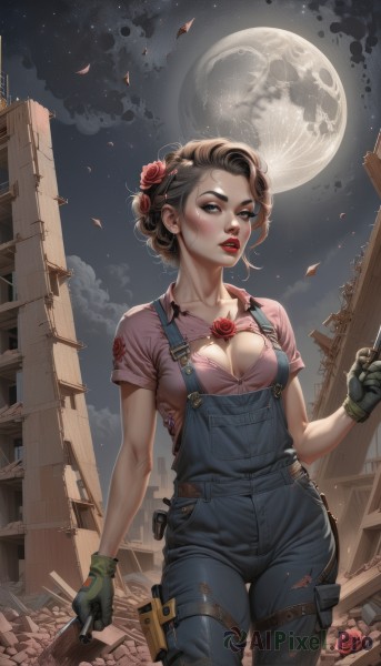 1girl,solo,breasts,looking at viewer,blush,short hair,brown hair,shirt,hair ornament,gloves,holding,cleavage,brown eyes,medium breasts,standing,collarbone,weapon,flower,short sleeves,cowboy shot,outdoors,parted lips,sky,teeth,black gloves,pants,artist name,cloud,hair flower,lips,torn clothes,petals,makeup,thigh strap,night,rose,watermark,thigh gap,moon,knife,denim,lipstick,red flower,building,star (sky),night sky,full moon,eyeshadow,smoke,starry sky,pink shirt,red rose,nose,red lips,overalls,holster,ruins,torn shirt,thigh holster,mascara,blue eyes,underwear,collared shirt,holding weapon,bra,mole,gun,holding gun,arm at side,dual wielding,curly hair,realistic,holding knife,dirty,green gloves,skyscraper,debris