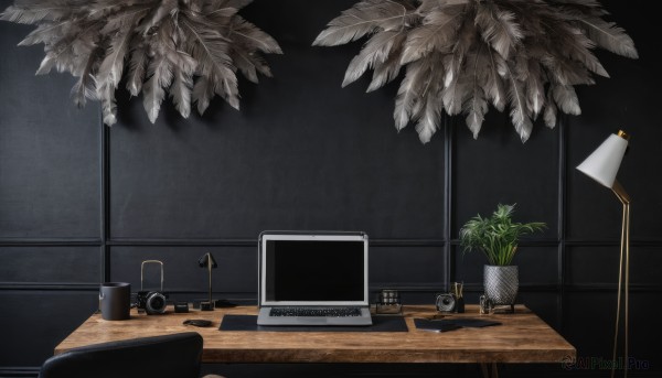 indoors,no humans,leaf,chair,table,plant,scenery,desk,camera,potted plant,light,lamp,computer,still life,desk lamp,english text,tree,cup,book,night,shadow,microphone,mug,television,monitor,laptop,keyboard (computer),speaker,mouse (computer),radio