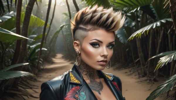 1girl,solo,breasts,looking at viewer,short hair,blonde hair,brown hair,cleavage,brown eyes,jewelry,closed mouth,jacket,upper body,multicolored hair,earrings,outdoors,choker,day,necklace,two-tone hair,tree,lips,black jacket,grey eyes,eyelashes,tattoo,makeup,piercing,sunlight,plant,lipstick,ear piercing,portrait,nature,eyeshadow,forest,hoop earrings,realistic,nose,eyeliner,very short hair,leather,undercut,leather jacket,mascara,medium breasts,spiked hair,chest tattoo,mohawk,neck tattoo,eyebrow piercing