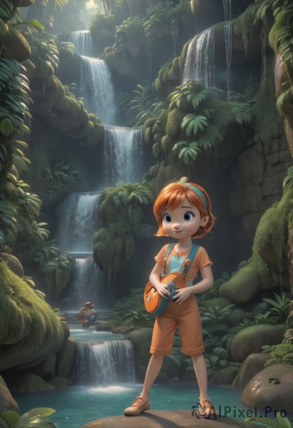 1girl,solo,smile,short hair,open mouth,blue eyes,brown hair,shirt,standing,short sleeves,hairband,outdoors,shoes,shorts,teeth,water,bag,orange hair,black eyes,tree,bird,animal,leaf,sandals,sunlight,backpack,child,nature,scenery,forest,brown shorts,waterfall,stream,holding,full body,red hair,parted lips,instrument,rock,female child,overalls,orange footwear