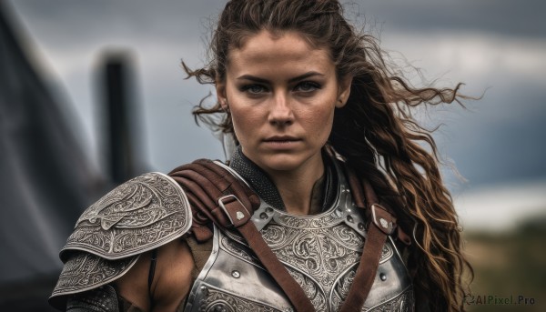 1girl,solo,long hair,looking at viewer,brown hair,brown eyes,closed mouth,upper body,outdoors,armor,blurry,lips,blurry background,wavy hair,shoulder armor,messy hair,freckles,curly hair,pauldrons,breastplate,realistic,chainmail,jewelry,weapon,earrings,sky,floating hair,scar,wind,serious,strap