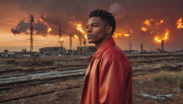 solo,short hair,black hair,1boy,jacket,upper body,male focus,outdoors,sky,cloud,dark skin,water,from side,dark-skinned male,cloudy sky,fire,ground vehicle,building,scenery,red jacket,realistic,bridge,power lines,river,very dark skin,photo background,afro,burning,railroad tracks,smile,shirt,collared shirt,facial hair,grass,red shirt,smoke,sunset,aircraft