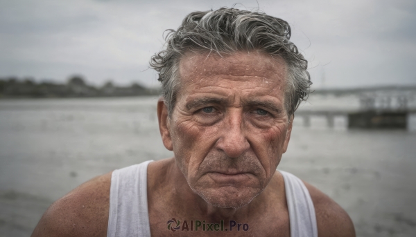 solo,looking at viewer,shirt,black hair,1boy,closed mouth,white shirt,upper body,grey hair,male focus,outdoors,day,blurry,black eyes,blurry background,facial hair,tank top,portrait,meme,realistic,old,white tank top,old man,photo background,real life insert,grey sky,wrinkled skin,short hair,bare shoulders,sky,cloud,water,grey eyes,depth of field,frown,expressionless,cloudy sky,overcast