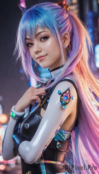 1girl,solo,long hair,breasts,looking at viewer,smile,bangs,hair ornament,jewelry,medium breasts,very long hair,blue hair,upper body,ponytail,pink hair,multicolored hair,earrings,blurry,black eyes,two-tone hair,lips,bodysuit,gradient hair,makeup,blurry background,realistic,nose,blue eyes,bare shoulders,closed mouth,detached sleeves,horns,artist name,bracelet,from side,eyelashes,tattoo,depth of field,hand on own chest,science fiction