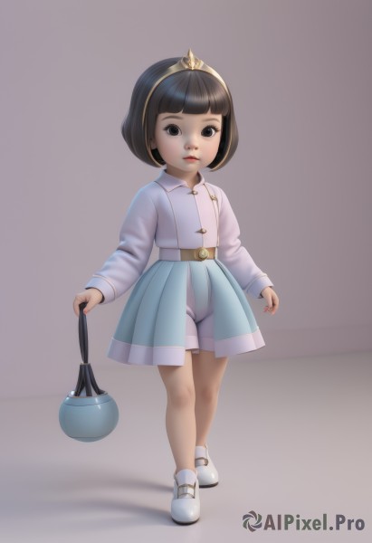 1girl,solo,looking at viewer,short hair,bangs,skirt,simple background,brown hair,shirt,black hair,long sleeves,holding,brown eyes,closed mouth,standing,full body,white shirt,hairband,shoes,shorts,belt,blunt bangs,black eyes,lips,blue skirt,see-through,loli,shadow,white footwear,bob cut,suspenders,tiara,child,female child,dress,realistic