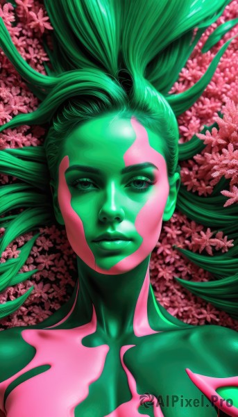 1girl,solo,long hair,breasts,looking at viewer,closed mouth,collarbone,upper body,flower,lying,green hair,on back,lips,floating hair,colored skin,facial mark,portrait,pink flower,realistic,nose,facepaint,green skin,green theme,bodypaint,green eyes,bodysuit,expressionless,green lips,green bodysuit