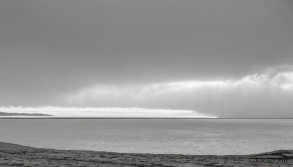 monochrome,comic,greyscale,outdoors,sky,cloud,water,no humans,ocean,beach,cloudy sky,scenery,horizon,shore