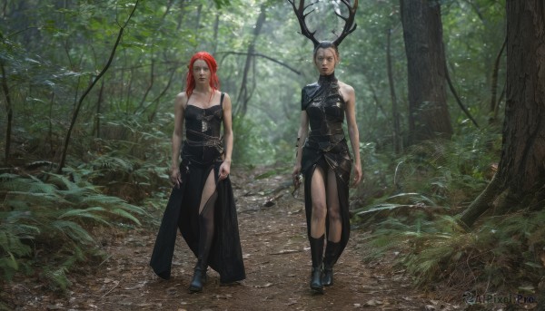 long hair,looking at viewer,short hair,multiple girls,skirt,dress,holding,2girls,bare shoulders,standing,weapon,grey hair,red hair,boots,outdoors,sleeveless,sword,holding weapon,armor,black dress,tree,knife,nature,forest,walking,realistic,arms at sides,antlers,breasts,thighhighs,jewelry,medium breasts,white hair,horns,pointy ears,necklace,elf