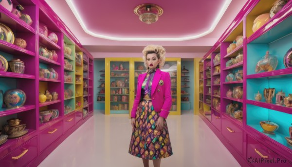 1girl,solo,looking at viewer,short hair,skirt,blonde hair,shirt,long sleeves,brown eyes,jewelry,standing,jacket,earrings,food,necktie,indoors,dark skin,necklace,dark-skinned female,lips,makeup,lipstick,long skirt,pink jacket,shelf,jar,shop,open mouth,brown hair,dress,pantyhose,hairband,bottle,scenery,bowl