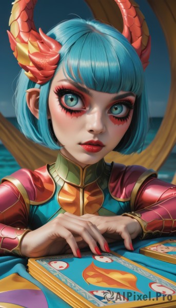 1girl,solo,looking at viewer,short hair,bangs,blue eyes,long sleeves,closed mouth,green eyes,blue hair,upper body,horns,blunt bangs,nail polish,blurry,aqua eyes,lips,fingernails,eyelashes,aqua hair,makeup,bob cut,lipstick,red nails,eyeshadow,card,nose,red lips,eyeliner,mascara,hair ornament,table,thick eyebrows,portrait,realistic,facepaint,red horns