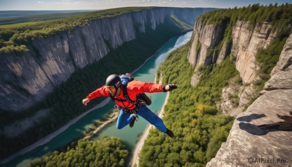 solo,brown hair,gloves,long sleeves,1boy,hat,blue hair,jacket,male focus,outdoors,shoes,day,black gloves,belt,pants,fingerless gloves,water,bag,black footwear,tree,backpack,helmet,denim,nature,scenery,red jacket,forest,jeans,jumping,mountain,blue pants,river,landscape,lake,cliff,sky,mask,ocean