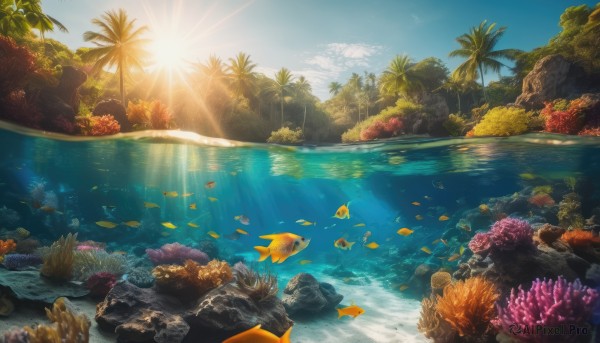 outdoors,sky,day,cloud,water,tree,blue sky,no humans,ocean,animal,beach,sunlight,nature,scenery,fish,light rays,rock,underwater,palm tree,sun,sunbeam,starfish,swimming,turtle,coral,island,forest,sunset,partially underwater shot