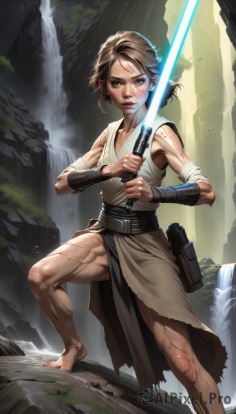 1girl,solo,looking at viewer,short hair,blue eyes,brown hair,holding,brown eyes,standing,weapon,barefoot,belt,sword,water,holding weapon,lips,blood,muscular,scar,bandages,science fiction,pouch,injury,fighting stance,muscular female,dirty,waterfall,glowing weapon,energy sword,cuts,wrist wrap,lightsaber,breasts,torn clothes,genderswap,genderswap (mtf),serious,realistic,fantasy,animification,tunic,redesign