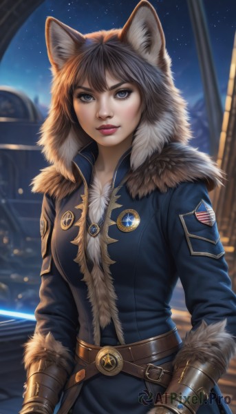 1girl,solo,looking at viewer,short hair,bangs,blue eyes,brown hair,gloves,animal ears,jacket,weapon,outdoors,sky,belt,artist name,signature,hood,uniform,lips,coat,fur trim,makeup,night,gauntlets,star (sky),night sky,starry sky,nose,vambraces,leather,badge,leather gloves,parka,breasts,long sleeves,medium breasts,closed mouth,standing,cowboy shot,parted lips,armor,blurry,animal ear fluff,fox ears,eyelashes,blurry background,wolf ears,lipstick,backlighting,realistic,emblem,red lips,blue coat