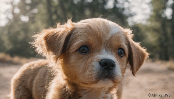 solo,blue eyes,outdoors,day,blurry,no humans,depth of field,blurry background,animal,dog,realistic,animal focus,looking at viewer,closed mouth,signature