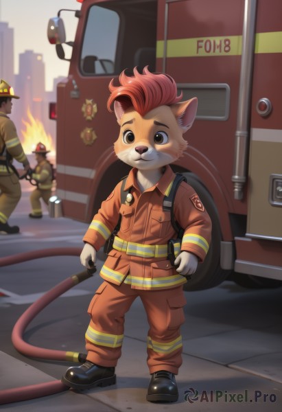 long sleeves,holding,animal ears,brown eyes,closed mouth,standing,jacket,tail,full body,weapon,male focus,red hair,outdoors,multiple boys,solo focus,pants,2boys,black footwear,uniform,3boys,helmet,fire,ground vehicle,motor vehicle,furry,walking,furry male,jumpsuit,hose,looking at viewer,smile,short hair,gloves,1boy,shoes,belt,artist name,holding weapon,blurry,gun,military,blurry background,building,red fur