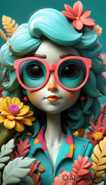 1girl,solo,looking at viewer,shirt,hair ornament,holding,jewelry,closed mouth,collarbone,upper body,flower,earrings,green hair,glasses,collared shirt,artist name,hair flower,black eyes,lips,eyelashes,aqua hair,makeup,colored skin,watermark,sunglasses,blue shirt,lipstick,portrait,web address,tinted eyewear,hawaiian shirt,pink-tinted eyewear,long hair,blue eyes,blue hair,leaf,pink flower,red-framed eyewear,pink-framed eyewear