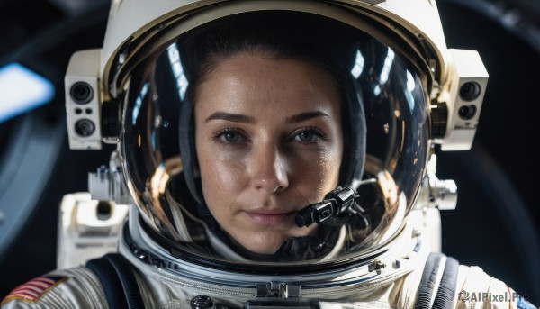 1girl,solo,looking at viewer,black hair,brown eyes,closed mouth,blurry,black eyes,lips,blurry background,helmet,portrait,headset,freckles,reflection,realistic,straight-on,spacesuit,space helmet,astronaut,artist name,watermark,forehead,science fiction,nose,space,planet,american flag