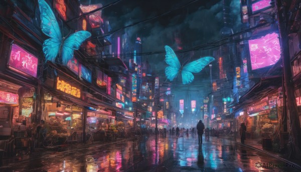 outdoors, sky, dutch angle, night, bug, building, butterfly, scenery, reflection, science fiction, rain, city, sign, road, cityscape, dark, street, blue butterfly, city lights, cyberpunk, neon lights