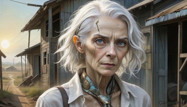 HQ,1girl,solo,looking at viewer,short hair,blue eyes,shirt,jewelry,closed mouth,collarbone,white shirt,upper body,white hair,earrings,outdoors,solo focus,day,collared shirt,lips,scar,suspenders,building,portrait,scar on face,freckles,science fiction,realistic,nose,scar across eye,old,old man,old woman,steampunk,wrinkled skin,multiple girls,1boy,hat,2girls,sky,necklace,window,sunlight,grass,wind,messy hair,sunset,sun,road,bald,house,power lines,dirty,utility pole,dirty face