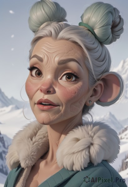 1girl,solo,looking at viewer,smile,brown eyes,jewelry,collarbone,jacket,upper body,grey hair,earrings,outdoors,parted lips,green hair,teeth,day,hair bun,blurry,lips,coat,fur trim,double bun,blurry background,portrait,snow,freckles,green jacket,mountain,realistic,animal ears,sky,artist name,eyelashes,facial mark,snowing,nose,winter