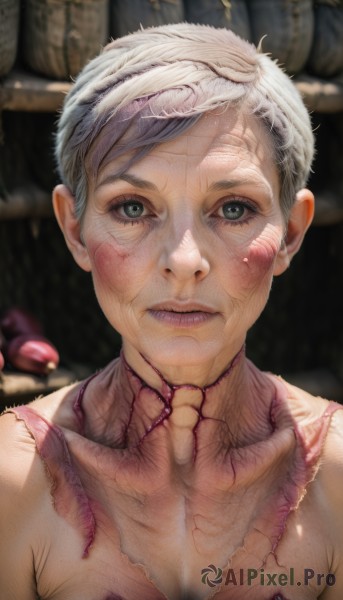 1girl,solo,breasts,looking at viewer,short hair,blue eyes,closed mouth,nipples,green eyes,collarbone,upper body,white hair,grey hair,nude,parted lips,blurry,lips,grey eyes,blurry background,scar,portrait,veins,injury,realistic,very short hair,stitches,1boy,cleavage,bare shoulders,male focus,torn clothes