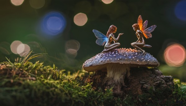 long hair,multiple girls,brown hair,2girls,sitting,nude,outdoors,wings,barefoot,pointy ears,blurry,looking at another,from side,tree,depth of field,grass,plant,nature,minigirl,fantasy,fairy wings,fairy,mushroom,bokeh,tree stump,1girl,scenery