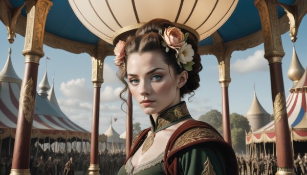 1girl,breasts,looking at viewer,blue eyes,brown hair,hair ornament,dress,cleavage,jewelry,medium breasts,upper body,weapon,flower,outdoors,parted lips,multiple boys,sky,solo focus,day,cloud,hair flower,hair bun,armor,blue sky,lips,cloudy sky,polearm,portrait,6+boys,green dress,spear,realistic,nose,flag,banner,soldier,army,solo,blush,black hair,tree,eyelashes