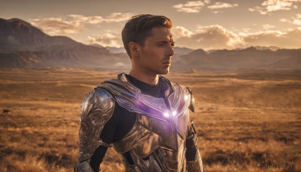 solo,short hair,brown hair,black hair,1boy,closed mouth,upper body,male focus,outdoors,sky,cloud,armor,glowing,facial hair,cloudy sky,shoulder armor,pauldrons,sunset,breastplate,mountain,realistic,field,dark skin,scenery