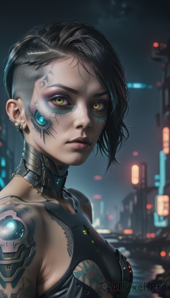 1girl,solo,breasts,looking at viewer,short hair,black hair,bare shoulders,jewelry,medium breasts,yellow eyes,upper body,earrings,outdoors,dark skin,blurry,dark-skinned female,lips,tattoo,makeup,night,blurry background,piercing,ear piercing,eyeshadow,science fiction,asymmetrical hair,nose,android,eyeliner,undercut,cyborg,mascara,cyberpunk,neck tattoo,small breasts,sky,from side,eyelashes,glowing,facial mark,city,facepaint,very short hair,facial tattoo,robot joints