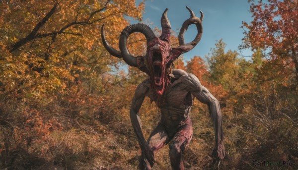 solo,open mouth,standing,outdoors,horns,sky,teeth,day,tree,blue sky,no humans,leaf,sharp teeth,nature,scenery,claws,1other,forest,monster,autumn leaves,extra arms,autumn,demon,demon horns,horror (theme)