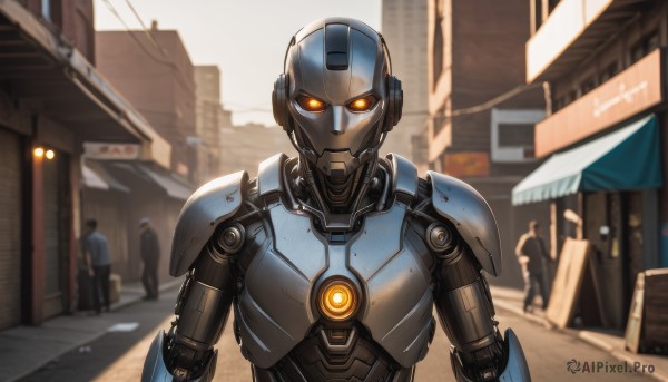 looking at viewer,1boy,upper body,male focus,outdoors,multiple boys,solo focus,armor,blurry,orange eyes,blurry background,glowing,robot,building,mecha,glowing eyes,science fiction,city,realistic,road,straight-on,police,street,police uniform,power armor,humanoid robot,1girl,portrait,android,joints,multiple others,robot joints,cyberpunk