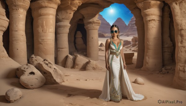 1girl,solo,long hair,breasts,black hair,dress,cleavage,bare shoulders,jewelry,medium breasts,standing,earrings,sky,dark skin,white dress,dark-skinned female,sunglasses,pillar,desert,large breasts,barefoot,day,rock,long dress,ruins