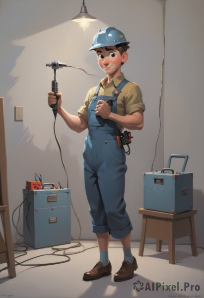 solo,looking at viewer,blush,smile,short hair,brown hair,shirt,1boy,hat,holding,closed mouth,standing,full body,short sleeves,male focus,shoes,socks,collared shirt,artist name,indoors,signature,black eyes,shadow,brown footwear,table,microphone,yellow shirt,realistic,lamp,overalls,cable,male child,light bulb,black hair,pants,muscular,light,backwards hat